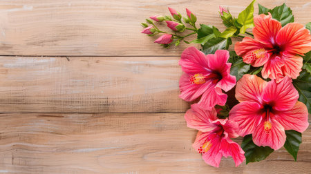 This stunning arrangement of vibrant pink hibiscus flowers on a rustic wooden background captures the beauty and freshness of nature, perfect for floral designs.の素材