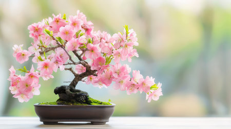 This stunning image captures a delicate pink flowering bonsai tree, beautifully displayed in a minimalist pot with green moss, perfect for tranquil home decor.の素材