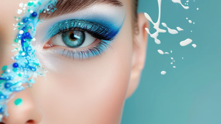 This stunning close-up features an artistic eye makeup design with vibrant blue hues and playful water droplets, perfect for beauty and fashion themes.の素材