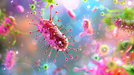 This vibrant and colorful image showcases an artistic representation of bacteria and microorganisms, emphasizing their intricate details and forms.の素材