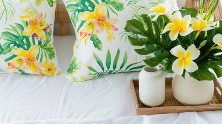 Experience a vibrant tropical scene showcasing decorative floral pillows and a fresh greenery arrangement on cozy bed linen, enhancing relaxation and beauty.の素材
