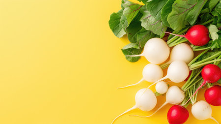 A vibrant arrangement of fresh radishes and white turnips with green leaves on a bright yellow background, showcasing their natural beauty and health benefits.の素材