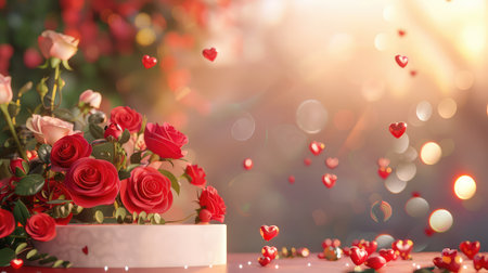 A stunning bouquet of red roses with scattered hearts creates a romantic atmosphere, perfect for love celebrations, anniversaries, and special moments.の素材