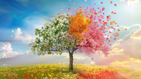 A vibrant tree showcasing the beauty of all four seasons, featuring colorful blossoms, leaves, and a bright sky, perfect for nature-themed projects.の素材
