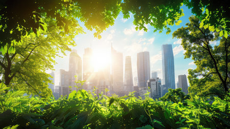 A stunning view showcasing a city skyline framed by lush greenery, with sunlight illuminating the scene, highlighting the harmony between nature and urban life.の素材