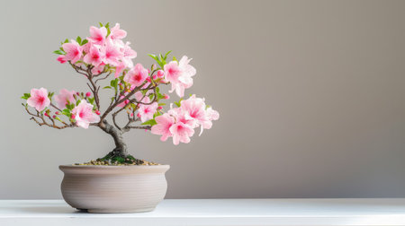 A stunning azalea bonsai tree showcases vibrant pink flowers in a stylish pot, offering a serene touch for home decor and indoor gardening enthusiasts.の素材