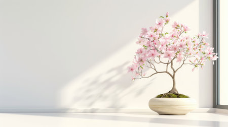A stunning blossom tree with delicate pink flowers in a minimalist indoor space, showcasing modern design elements and the beauty of nature.の素材