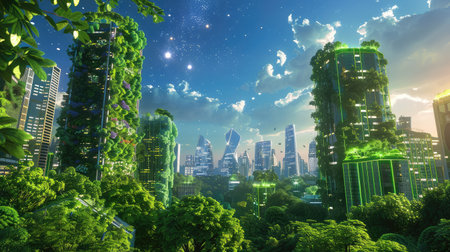 A stunning depiction of a futuristic city with vertical gardens adorning modern skyscrapers, blending nature with innovative design for a sustainable future.の素材