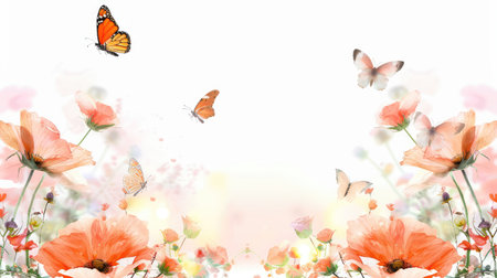 A captivating scene featuring vibrant orange butterflies soaring above delicate poppies, set against a soft white background, perfect for serene artwork.の素材