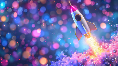 This vibrant illustration features a colorful rocket launching into a dreamy bokeh background, creating a whimsical atmosphere filled with sparkling effects.の素材