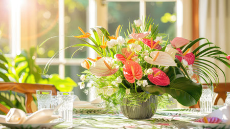 A stunning tropical floral arrangement featuring vibrant anthuriums and lush greenery, bringing elegance and brightness to any dining celebration.の素材