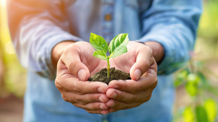 A pair of hands gently cradling a small plant seedling in rich soil, symbolizing hope, nurture, and commitment to environmental sustainability and growth.の素材