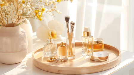 This serene arrangement captures skincare and beauty products elegantly displayed on a wooden tray, softly illuminated by natural light, enhancing the tranquil atmosphere.の素材