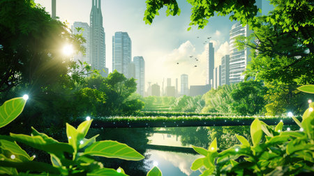 A vibrant cityscape merges with lush greenery, showcasing a harmonious blend of modern architecture and natural beauty, perfect for environmental themes.の素材