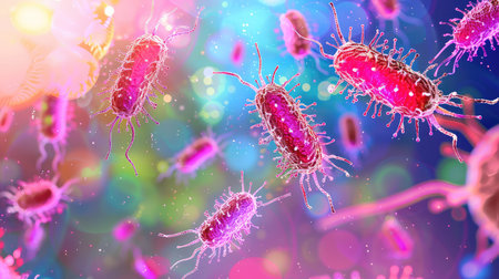 This image features a vibrant and colorful artistic representation of bacteria, ideal for educational and scientific purposes, showcasing the intricate details of microorganisms against a bright background.の素材