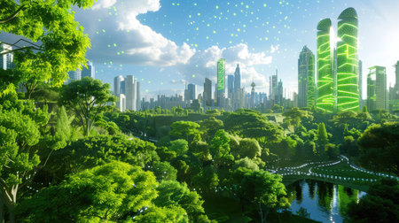 A stunning view of a futuristic cityscape where modern skyscrapers intertwine with lush greenery, promoting sustainability and harmony with nature.の素材