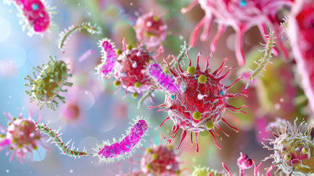 This vibrant and detailed microscopic view showcases various viruses and bacteria in an abstract setting. Perfect for projects related to health and science.の素材