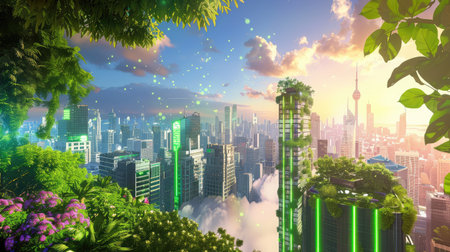 A vibrant futuristic cityscape where lush greenery integrates with modern skyscrapers under bright sunlight. A perfect blend of urban life and nature.の素材