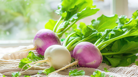 This image features fresh organic turnips with vibrant green leaves on a light linen background, perfect for highlighting healthy cooking and nutrition.の素材