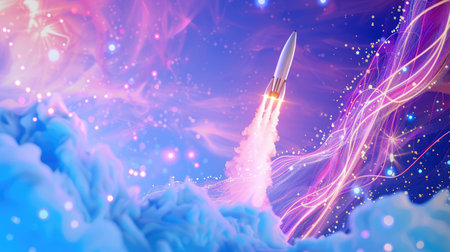 A stunning illustration of a rocket launching into a vibrant cosmic backdrop filled with colorful clouds and sparkling particles. Ideal for themes of exploration and innovation.の素材