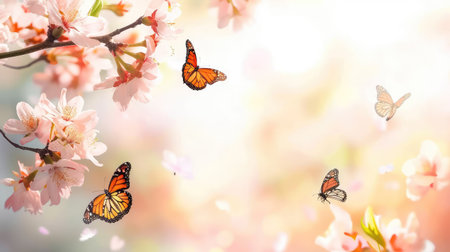 A captivating spring scene showcasing butterflies gracefully flying among cherry blossom flowers, capturing the essence of nature's beauty and tranquility.の素材