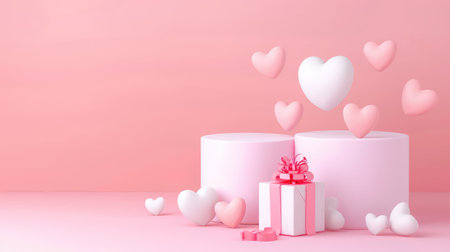 A charming pink background featuring floating hearts and a neatly wrapped gift box, perfect for conveying love and joy during special occasions.の素材