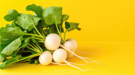 Fresh white radishes with green leaves, beautifully arranged against a vibrant yellow background, perfect for showcasing healthy eating and culinary creativity.の素材