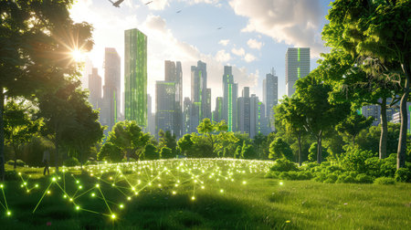 A stunning view of a futuristic city skyline surrounded by lush greenery and sunlight filtering through tall trees, embodying urban nature harmony.の素材