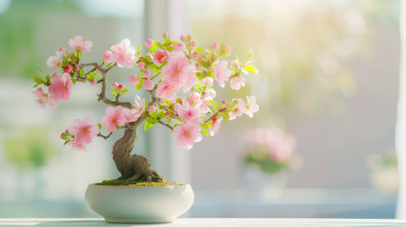 A charming pink cherry blossom bonsai tree displayed in a pot, capturing the essence of spring with vibrant flowers and lush leaves in soft light.の素材
