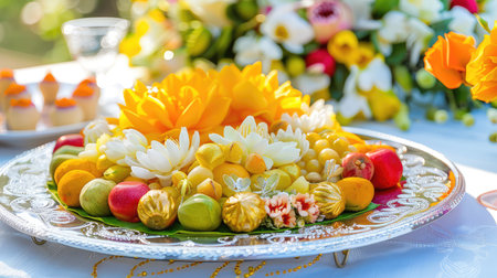 A stunning display of a colorful fruit platter adorned with edible flowers. This vibrant arrangement is perfect for celebrations, adding elegance and beauty.の素材