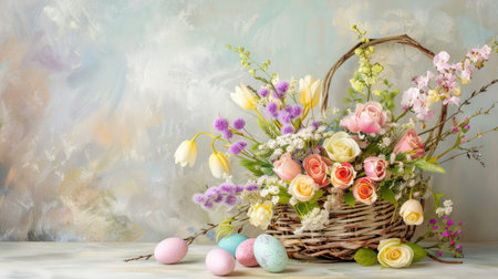 A vibrant spring flower arrangement in a woven basket featuring pastel Easter eggs, set against a soft pastel background, perfect for seasonal decor.の素材