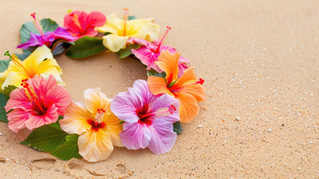 A stunning wreath of vibrant hibiscus flowers rests on warm sandy beach, showcasing the beauty of nature and a tropical atmosphere ideal for summer decor.の素材