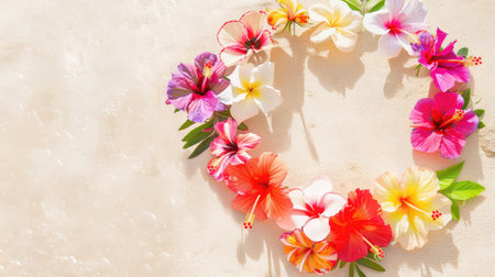 A stunning display of vibrant hibiscus flowers arranged in a circular pattern on a soft neutral background, perfect for nature-themed projects or seasonal decor.の素材