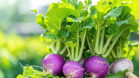 Vibrant purple radishes with lush green leaves, freshly harvested and ready for culinary use. Perfect for healthy meals or farm market themes.の素材