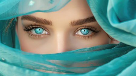 A mesmerizing close-up portrait of a woman showcasing her stunning blue eyes, framed by elegant teal fabric, radiating beauty and grace.の素材