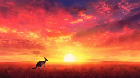 A kangaroo gracefully stands in a vast field during a stunning sunrise, showcasing the beauty of the Australian landscape. The vibrant sky blends warm hues of red, orange, and yellow, creating a tranquil atmosphere perfect for nature lovers.の素材