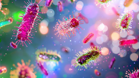 Explore a vibrant and detailed illustration of bacteria in a microscopic view, showcasing diverse shapes and colorful structures, ideal for science and education themes.の素材