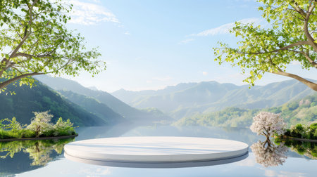 This idyllic scene captures a serene lake surrounded by lush green trees and majestic mountains under a bright blue sky. Perfect for nature themes.の素材