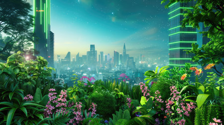 This stunning image showcases a vibrant urban jungle at dawn, featuring a lush array of greenery and colorful flowers set against a futuristic city skyline.の素材