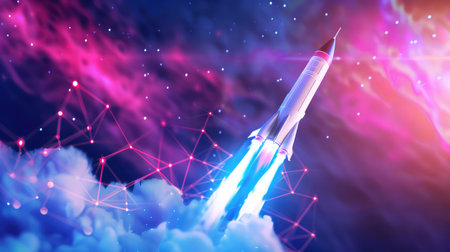 A stunning image of a rocket launching into a vibrant space scene, filled with colorful nebula and bright stars. This artwork symbolizes adventure, innovation, and exploration, making it ideal for technology and science themes.の素材