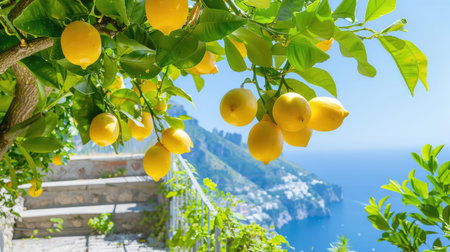 A beautiful lemon tree adorned with ripe yellow lemons offers a picturesque view against a stunning coastal backdrop and clear blue sky, conveying serenity.の素材