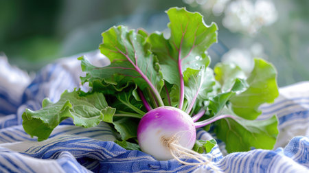 A vibrant radish with fresh green leaves rests on a blue and white striped cloth, beautifully showcasing the essence of organic farming and healthy eating.の素材