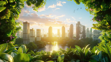 This captivating urban sunset scene showcases a vibrant city skyline framed by lush greenery, with a serene water body reflecting the warm light.の素材