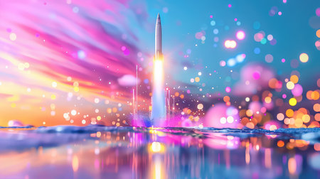 A stunning rocket launch lights up the evening sky with vibrant colors and magical bokeh effects, capturing the excitement of space exploration and innovation.の素材