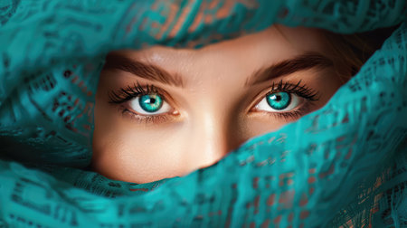 A striking close-up of a woman's face featuring bright blue eyes and a turquoise scarf framing her head, showcasing beauty and cultural elegance.の素材