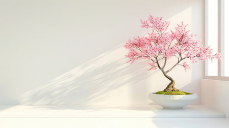 This image features a vibrant cherry blossom tree in an elegant minimalist indoor space, highlighting soft shadows and natural light. Perfect for serene decor.の素材
