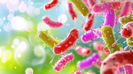 This striking image captures colorful bacteria in a microscopic view, showcasing the diversity and vibrancy of microbial life against an abstract backdrop.の素材