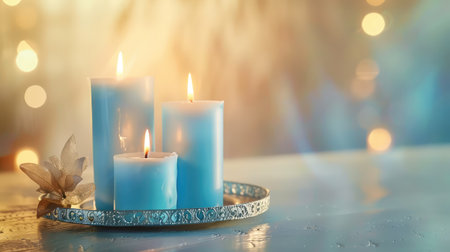 Captivating image of three blue candles arranged on an ornate tray, emitting a soft glow against a dreamy bokeh background, creating a calm atmosphere.の素材