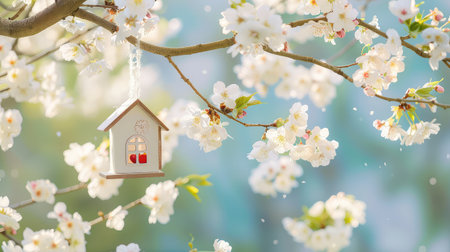 A delightful birdhouse hangs from a branch adorned with blossoming cherry flowers, capturing the essence of spring's beauty and tranquility in soft, warm light.の素材