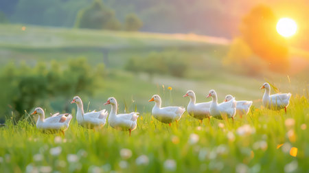 A picturesque scene of a group of white geese gracefully walking through vibrant green grass during a warm sunset, creating a peaceful rural atmosphere.の素材